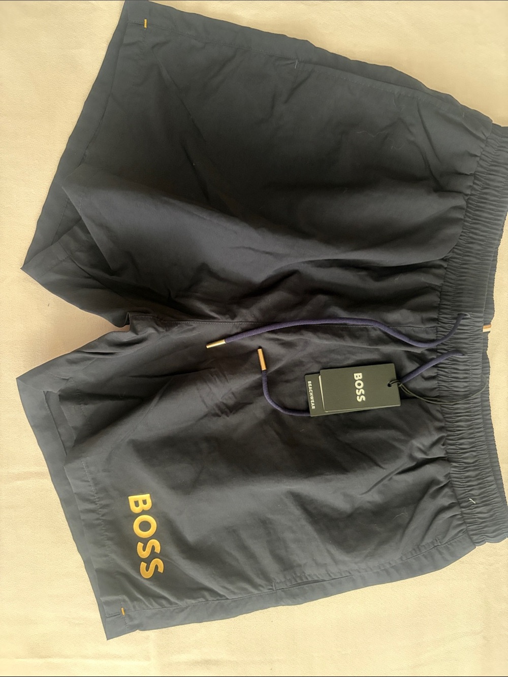 Boss Navy Swim Shorts with Gold Logo Accent